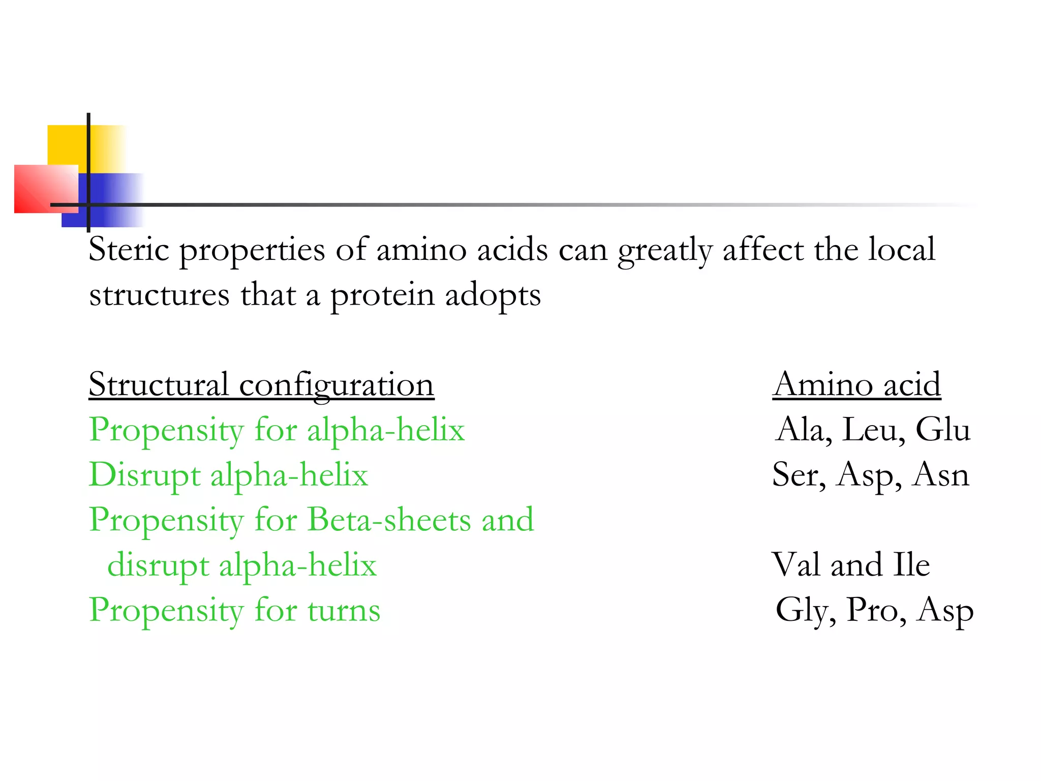 Steric properties of amino acids can greatly affect the local
structures that a protein adopts
Structural configuration Amino acid
Propensity for alpha-helix Ala, Leu, Glu
Disrupt alpha-helix Ser, Asp, Asn
Propensity for Beta-sheets and
disrupt alpha-helix Val and Ile
Propensity for turns Gly, Pro, Asp
 