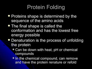 Protein FoldingProtein Folding
 Proteins shape is determined by theProteins shape is determined by the
sequence of the amino acidssequence of the amino acids
 The final shape is called theThe final shape is called the
conformation and has the lowest freeconformation and has the lowest free
energy possibleenergy possible
 Denaturation is the process of unfoldingDenaturation is the process of unfolding
the proteinthe protein
Can be down with heat, pH or chemicalCan be down with heat, pH or chemical
compoundscompounds
In the chemical compound, can removeIn the chemical compound, can remove
and have the protein renature or refoldand have the protein renature or refold
 