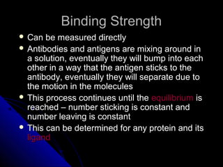 Binding StrengthBinding Strength
 Can be measured directlyCan be measured directly
 Antibodies and antigens are mixing around inAntibodies and antigens are mixing around in
a solution, eventually they will bump into eacha solution, eventually they will bump into each
other in a way that the antigen sticks to theother in a way that the antigen sticks to the
antibody, eventually they will separate due toantibody, eventually they will separate due to
the motion in the moleculesthe motion in the molecules
 This process continues until theThis process continues until the equilibriumequilibrium isis
reached – number sticking is constant andreached – number sticking is constant and
number leaving is constantnumber leaving is constant
 This can be determined for any protein and itsThis can be determined for any protein and its
ligandligand
 