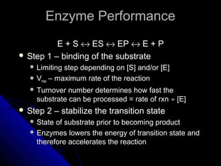 Enzyme PerformanceEnzyme Performance
E + SE + S ↔↔ ESES ↔↔ EPEP ↔↔ E + PE + P
 Step 1 – binding of the substrateStep 1 – binding of the substrate
 Limiting step depending on [S] and/or [E]Limiting step depending on [S] and/or [E]
 VVmaxmax – maximum rate of the reaction– maximum rate of the reaction
 Turnover number determines how fast theTurnover number determines how fast the
substrate can be processed = rate of rxnsubstrate can be processed = rate of rxn ÷÷ [E][E]
 Step 2 – stabilize the transition stateStep 2 – stabilize the transition state
 State of substrate prior to becoming productState of substrate prior to becoming product
 Enzymes lowers the energy of transition state andEnzymes lowers the energy of transition state and
therefore accelerates the reactiontherefore accelerates the reaction
 