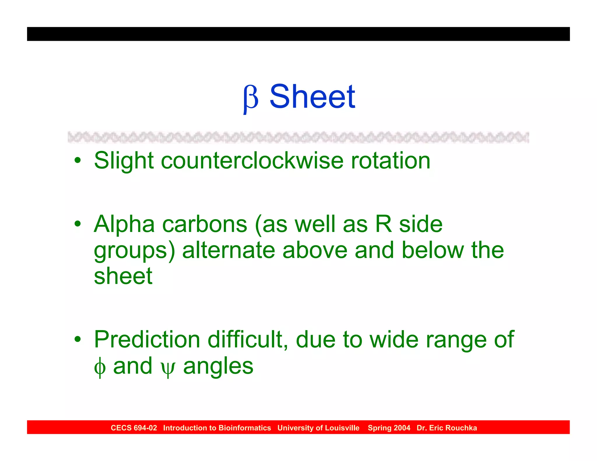 β Sheet
• Slight counterclockwise rotation

• Alpha carbons (as well as R side
  groups) alternate above and below the
  sheet

• Prediction difficult, due to wide range of
  φ and ψ angles

   CECS 694-02 Introduction to Bioinformatics University of Louisville   Spring 2004 Dr. Eric Rouchka
 