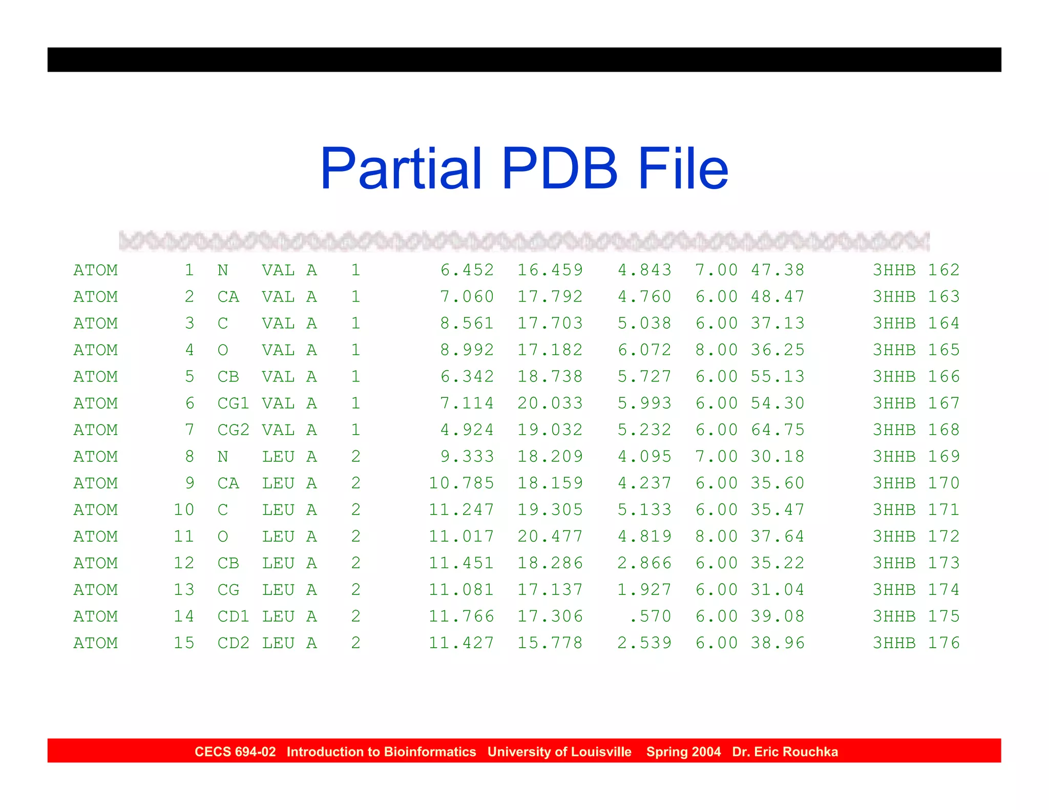 Partial PDB File
ATOM    1   N     VAL    A     1            6.452        16.459         4.843       7.00     47.38           3HHB   162
ATOM    2   CA    VAL    A     1            7.060        17.792         4.760       6.00     48.47           3HHB   163
ATOM    3   C     VAL    A     1            8.561        17.703         5.038       6.00     37.13           3HHB   164
ATOM    4   O     VAL    A     1            8.992        17.182         6.072       8.00     36.25           3HHB   165
ATOM    5   CB    VAL    A     1            6.342        18.738         5.727       6.00     55.13           3HHB   166
ATOM    6   CG1   VAL    A     1            7.114        20.033         5.993       6.00     54.30           3HHB   167
ATOM    7   CG2   VAL    A     1            4.924        19.032         5.232       6.00     64.75           3HHB   168
ATOM    8   N     LEU    A     2            9.333        18.209         4.095       7.00     30.18           3HHB   169
ATOM    9   CA    LEU    A     2           10.785        18.159         4.237       6.00     35.60           3HHB   170
ATOM   10   C     LEU    A     2           11.247        19.305         5.133       6.00     35.47           3HHB   171
ATOM   11   O     LEU    A     2           11.017        20.477         4.819       8.00     37.64           3HHB   172
ATOM   12   CB    LEU    A     2           11.451        18.286         2.866       6.00     35.22           3HHB   173
ATOM   13   CG    LEU    A     2           11.081        17.137         1.927       6.00     31.04           3HHB   174
ATOM   14   CD1   LEU    A     2           11.766        17.306          .570       6.00     39.08           3HHB   175
ATOM   15   CD2   LEU    A     2           11.427        15.778         2.539       6.00     38.96           3HHB   176




        CECS 694-02 Introduction to Bioinformatics University of Louisville   Spring 2004 Dr. Eric Rouchka
 