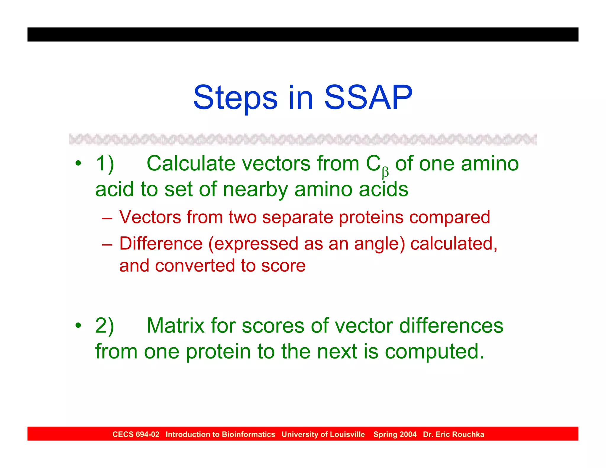Steps in SSAP
• 1)    Calculate vectors from Cβ of one amino
  acid to set of nearby amino acids
  – Vectors from two separate proteins compared
  – Difference (expressed as an angle) calculated,
    and converted to score


• 2)   Matrix for scores of vector differences
  from one protein to the next is computed.


    CECS 694-02 Introduction to Bioinformatics University of Louisville   Spring 2004 Dr. Eric Rouchka
 