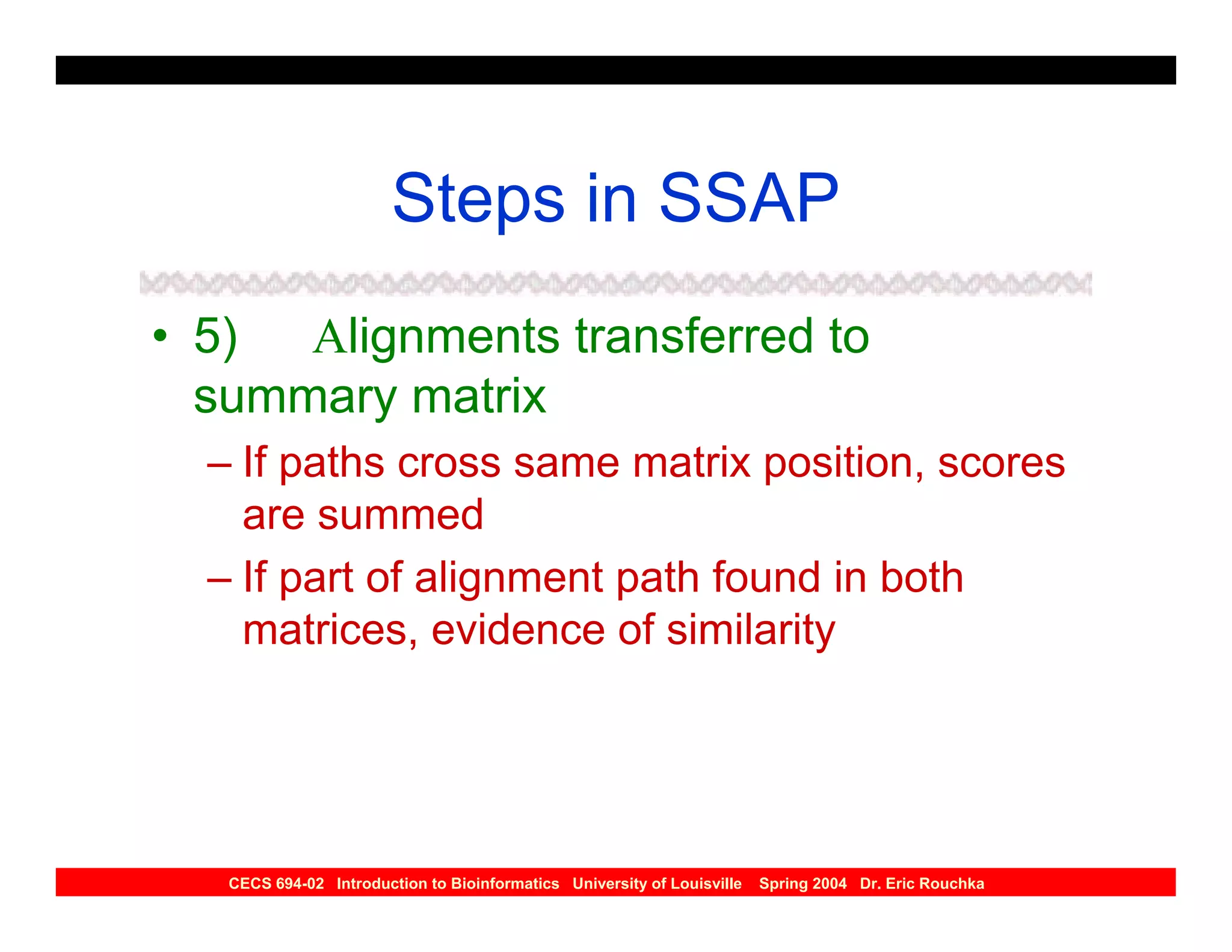 Steps in SSAP
• 5) Alignments transferred to
  summary matrix
  – If paths cross same matrix position, scores
    are summed
  – If part of alignment path found in both
    matrices, evidence of similarity




   CECS 694-02 Introduction to Bioinformatics University of Louisville   Spring 2004 Dr. Eric Rouchka
 