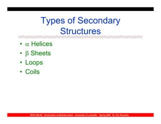 Types of Secondary
                   Structures
•   α Helices
•   β Sheets
•   Loops
•   Coils




     CECS 694-02 Introduction to Bioinformatics University of Louisville   Spring 2004 Dr. Eric Rouchka
 