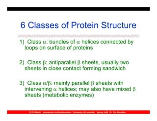 6 Classes of Protein Structure
1) Class α: bundles of α helices connected by
  loops on surface of proteins

2) Class β: antiparallel β sheets, usually two
  sheets in close contact forming sandwich

3) Class α/β: mainly parallel β sheets with
  intervening α helices; may also have mixed β
  sheets (metabolic enzymes)

    CECS 694-02 Introduction to Bioinformatics University of Louisville   Spring 2004 Dr. Eric Rouchka
 