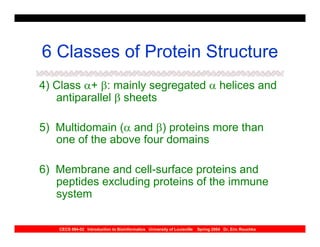 6 Classes of Protein Structure
4) Class α+ β: mainly segregated α helices and
   antiparallel β sheets

5) Multidomain (α and β) proteins more than
   one of the above four domains

6) Membrane and cell-surface proteins and
   peptides excluding proteins of the immune
   system

   CECS 694-02 Introduction to Bioinformatics University of Louisville   Spring 2004 Dr. Eric Rouchka
 