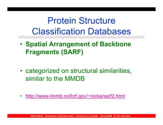 Protein Structure
     Classification Databases
• Spatial Arrangement of Backbone
  Fragments (SARF)

• categorized on structural similarities,
  similar to the MMDB

• http://www-lmmb.ncifcrf.gov/~nicka/sarf2.html


    CECS 694-02 Introduction to Bioinformatics University of Louisville   Spring 2004 Dr. Eric Rouchka
 