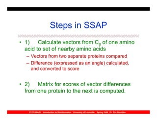 Steps in SSAP
• 1)    Calculate vectors from Cβ of one amino
  acid to set of nearby amino acids
  – Vectors from two separate proteins compared
  – Difference (expressed as an angle) calculated,
    and converted to score


• 2)   Matrix for scores of vector differences
  from one protein to the next is computed.


    CECS 694-02 Introduction to Bioinformatics University of Louisville   Spring 2004 Dr. Eric Rouchka
 