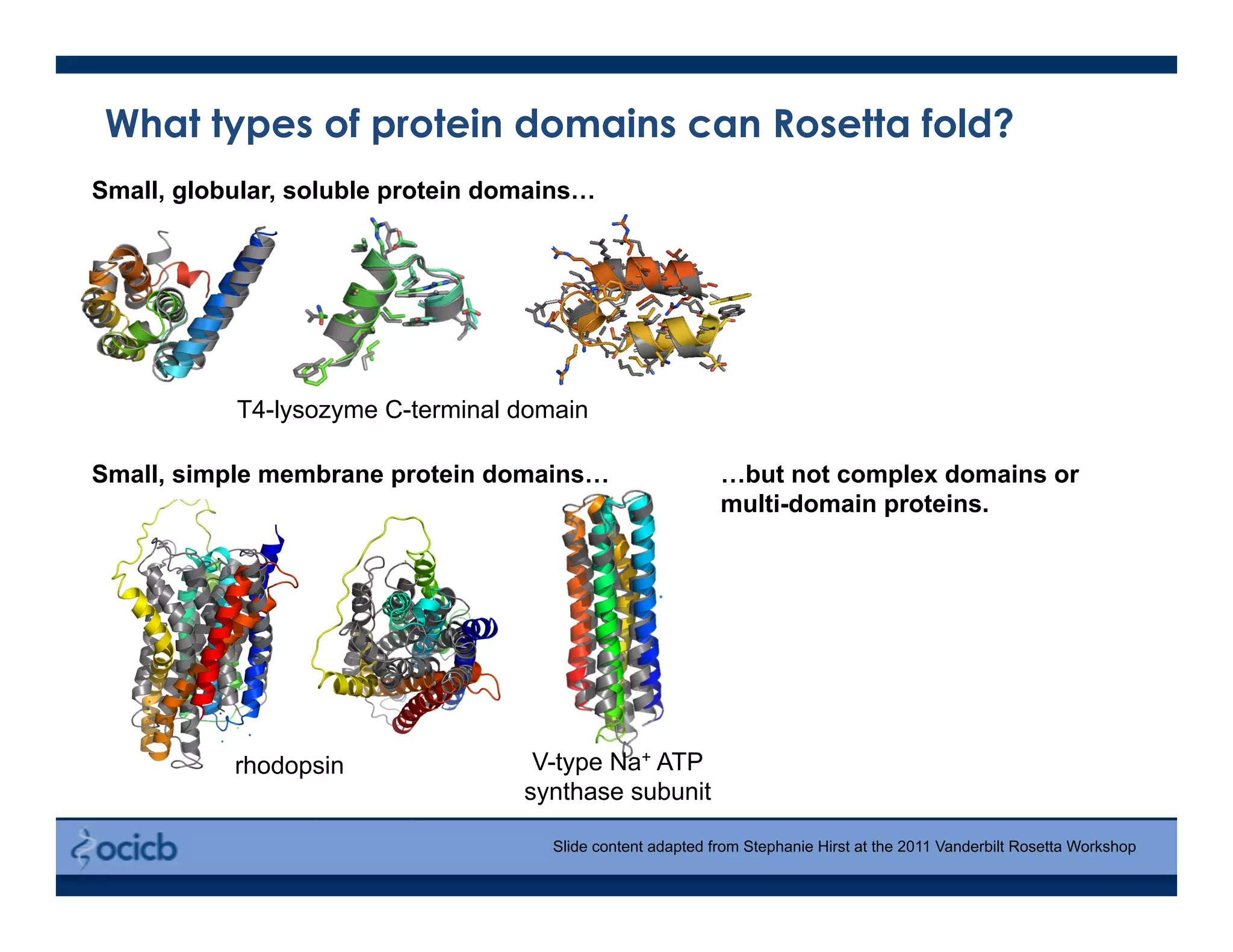 What types of protein domains can Rosetta fold?
Small, globular, soluble protein domains…
Small, simple membrane protein domains… …but not complex domains or
multi-domain proteins.
T4-lysozyme C-terminal domain
V-type Na+ ATP
synthase subunit
rhodopsin
Slide content adapted from Stephanie Hirst at the 2011 Vanderbilt Rosetta Workshop
A B C
 