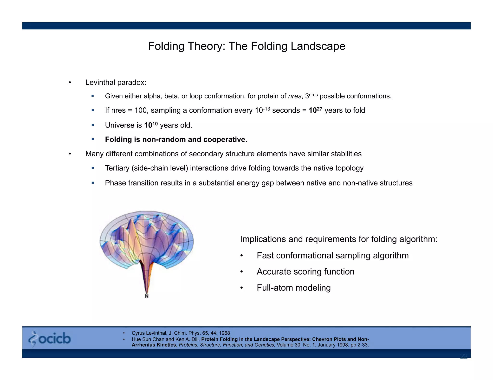 22
•  Levinthal paradox:
  Given either alpha, beta, or loop conformation, for protein of nres, 3nres possible conformations.
  If nres = 100, sampling a conformation every 10-13 seconds = 1027 years to fold
  Universe is 1010 years old.
  Folding is non-random and cooperative.
•  Many different combinations of secondary structure elements have similar stabilities
  Tertiary (side-chain level) interactions drive folding towards the native topology
  Phase transition results in a substantial energy gap between native and non-native structures
Folding Theory: The Folding Landscape
•  Cyrus Levinthal, J. Chim. Phys. 65, 44; 1968
•  Hue Sun Chan and Ken A. Dill, Protein Folding in the Landscape Perspective: Chevron Plots and Non-
Arrhenius Kinetics, Proteins: Structure, Function, and Genetics, Volume 30, No. 1, January 1998, pp 2-33.
Implications and requirements for folding algorithm:
•  Fast conformational sampling algorithm
•  Accurate scoring function
•  Full-atom modeling
 