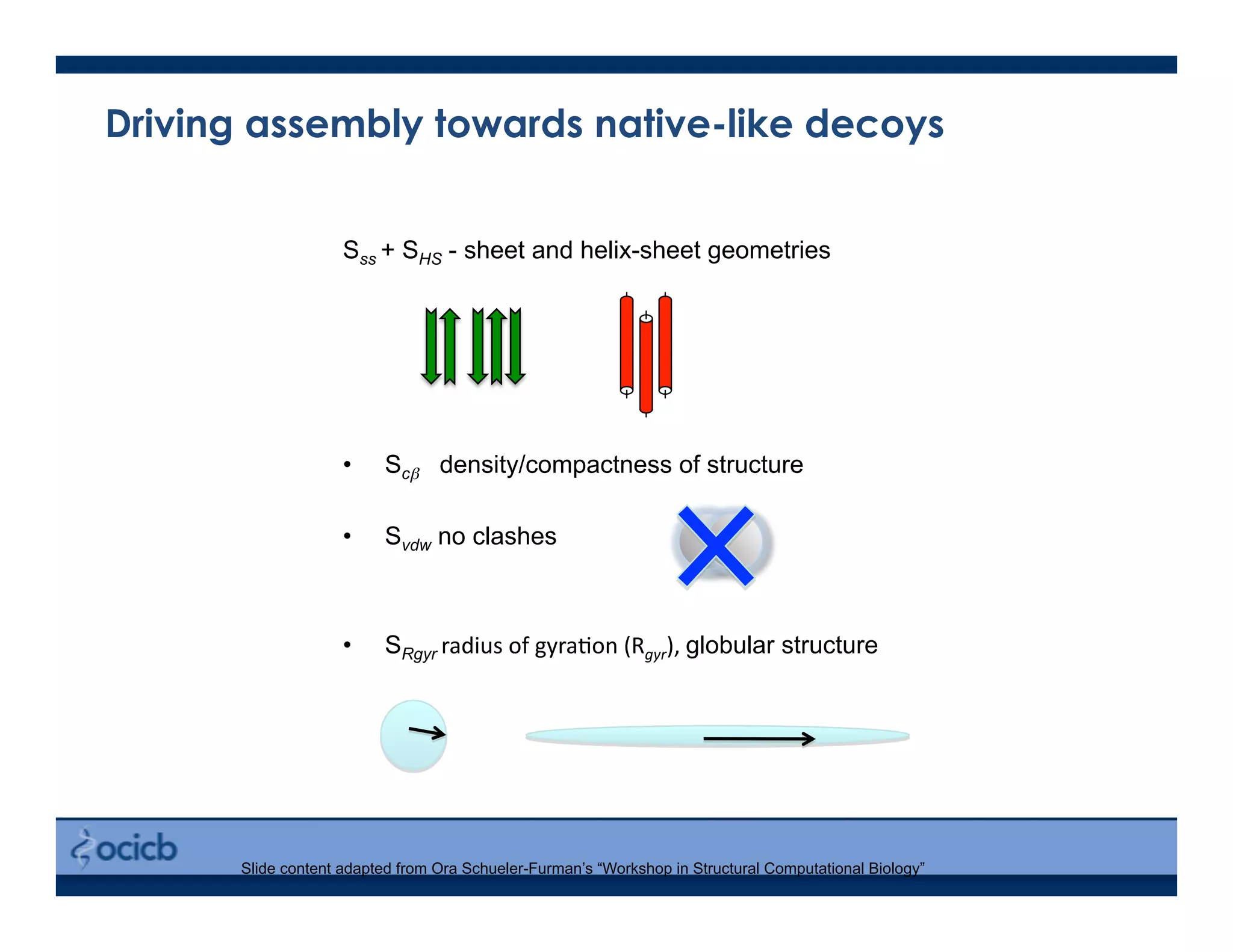 Sss + SHS - sheet and helix-sheet geometries
•  Scβ density/compactness of structure
•  Svdw no clashes
•  SRgyr radius	
  of	
  gyra>on	
  (Rgyr),	
  globular structure
Slide content adapted from Ora Schueler-Furman’s “Workshop in Structural Computational Biology”
Driving assembly towards native-like decoys
 