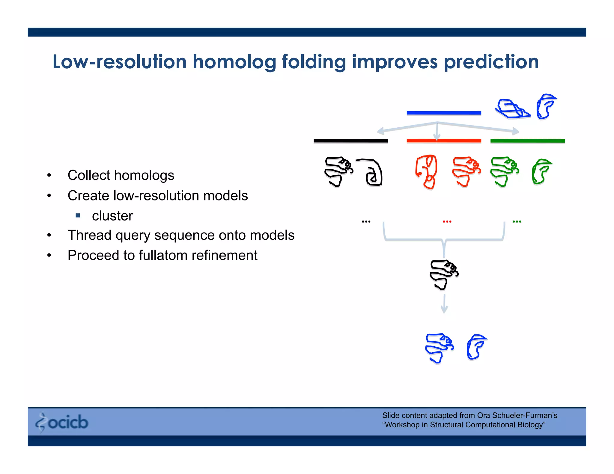 Low-resolution homolog folding improves prediction
•  Collect homologs
•  Create low-resolution models
  cluster
•  Thread query sequence onto models
•  Proceed to fullatom refinement
…	
   …	
   …	
  
Slide content adapted from Ora Schueler-Furman’s
“Workshop in Structural Computational Biology”
 