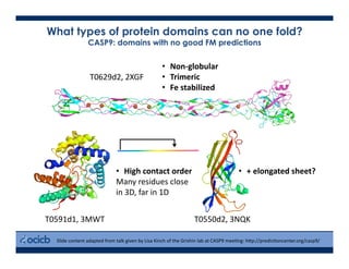 What types of protein domains can no one fold?
CASP9: domains with no good FM predictions
Slide	
  content	
  adapted	
  from	
  talk	
  given	
  by	
  Lisa	
  Kinch	
  of	
  the	
  Grishin	
  lab	
  at	
  CASP9	
  mee>ng:	
  h@p://predic>oncenter.org/casp9/	
  
•  Non-­‐globular	
  
•  Trimeric	
  
•  Fe	
  stabilized	
  
•  High	
  contact	
  order	
  
Many	
  residues	
  close	
  	
  
in	
  3D,	
  far	
  in	
  1D	
  	
  
•  +	
  elongated	
  sheet?	
  
T0591d1,	
  3MWT	
   T0550d2,	
  3NQK	
  
T0629d2,	
  2XGF	
  
 