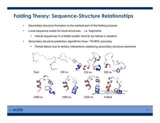 Folding Theory: Sequence-Structure Relationships
16
•  Secondary structure formation is the earliest part of the folding process
•  Local sequence codes for local structures… i.e. fragments
  helical sequences in a folded protein tend to be helical in isolation
•  Secondary structure prediction algorithms have ~70-80% accuracy
  Partial failure due to tertiary interactions stabilizing secondary structure elements
 
