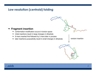 Low resolution (centroid) folding
25
  Fragment insertion
  conformation modification occurs in torsion space
  initial insertions result in large changes in dihedrals
  9 mers inserted first followed by 3 mers later in process
  later insertions purposefully result in small changes in dihedrals random insertion
*
*
 