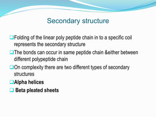 Secondary structure
Folding of the linear poly peptide chain in to a specific coil
represents the secondary structure
The bonds can occur in same peptide chain &either between
different polypeptide chain
On complexity there are two different types of secondary
structures
Alpha helices
 Beta pleated sheets
 