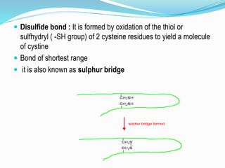  Disulfide bond : It is formed by oxidation of the thiol or
sulfhydryl ( -SH group) of 2 cysteine residues to yield a molecule
of cystine
 Bond of shortest range
 it is also known as sulphur bridge
 