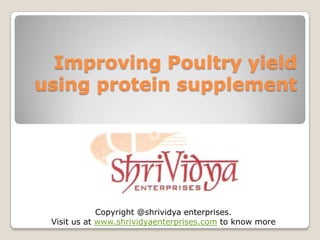 Improving Poultry yield
using protein supplement




             Copyright @shrividya enterprises.
 Visit us at www.shrividyaenterprises.com to know more
 