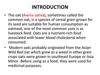 INTRODUCTION
• The oat (Avena sativa), sometimes called the
common oat, is a species of cereal grain grown for
its seed are suitable for human consumption as
oatmeal, one of the most common uses is as
livestock feed. Oats are a nutrient-rich food
associated with lower blood cholesterol when
consumed.
• Modern oats probably originated from the Asian
Wild Red oat which grew as a weed in other grain
crops oats were grown in southeast Europe or Asia
Minor .Before using as a food, they were used for
medicinal purposes.
 