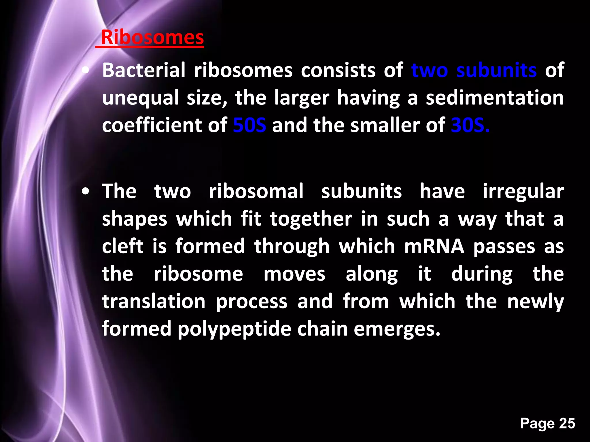Ribosomes
• Bacterial ribosomes consists of two subunits of
  unequal size, the larger having a sedimentation
  coefficient of 50S and the smaller of 30S.

• The two ribosomal subunits have irregular
  shapes which fit together in such a way that a
  cleft is formed through which mRNA passes as
  the ribosome moves along it during the
  translation process and from which the newly
  formed polypeptide chain emerges.



                                            Page 25
 