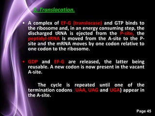 3. Translocation.

• A complex of EF-G (translocase) and GTP binds to
  the ribosome and, in an energy consuming step, the
  discharged tRNA is ejected from the P-site, the
  peptidyl-tRNA is moved from the A-site to the P-
  site and the mRNA moves by one codon relative to
  one codon to the ribosome.

• GDP and EF-G are released, the latter being
  reusable. A new codon is now present in the vacant
  A-site.

      The cycle is repeated until one of the
  termination codons (UAA, UAG and UGA) appear in
  the A-site.

                                                Page 45
 