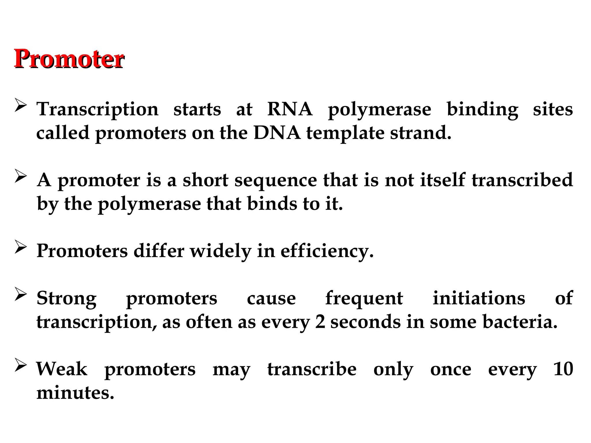 Promoter
Promoter
 Transcription starts at RNA polymerase binding sites
called promoters on the DNA template strand.
 A promoter is a short sequence that is not itself transcribed
by the polymerase that binds to it.
 Promoters differ widely in efficiency.
 Strong promoters cause frequent initiations of
transcription, as often as every 2 seconds in some bacteria.
 Weak promoters may transcribe only once every 10
minutes.
 