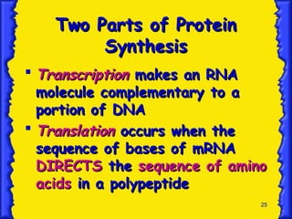 25
Two Parts of Protein
Two Parts of Protein
Synthesis
Synthesis
 Transcription
Transcription makes an RNA
makes an RNA
molecule complementary to a
molecule complementary to a
portion of DNA
portion of DNA
 Translation
Translation occurs when the
occurs when the
sequence of bases of mRNA
sequence of bases of mRNA
DIRECTS
DIRECTS the
the sequence of amino
sequence of amino
acids
acids in a polypeptide
in a polypeptide
 