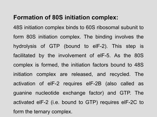 Formation of 80S initiation complex:
48S initiation complex binds to 60S ribosomal subunit to
form 80S initiation complex. The binding involves the
hydrolysis of GTP (bound to elF-2). This step is
facilitated by the involvement of elF-5. As the 80S
complex is formed, the initiation factors bound to 48S
initiation complex are released, and recycled. The
activation of elF-2 requires elF-2B (also called as
guanine nucleotide exchange factor) and GTP. The
activated elF-2 (i.e. bound to GTP) requires elF-2C to
form the ternary complex.
 