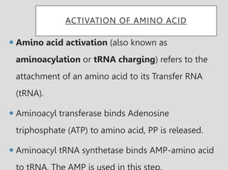 ACTIVATION OF AMINO ACID
 Amino acid activation (also known as
aminoacylation or tRNA charging) refers to the
attachment of an amino acid to its Transfer RNA
(tRNA).
 Aminoacyl transferase binds Adenosine
triphosphate (ATP) to amino acid, PP is released.
 Aminoacyl tRNA synthetase binds AMP-amino acid
 