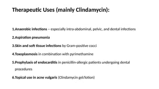 Therapeutic Uses (mainly Clindamycin):
1.Anaerobic infections – especially intra-abdominal, pelvic, and dental infections
2.Aspiration pneumonia
3.Skin and soft tissue infections by Gram-positive cocci
4.Toxoplasmosis in combination with pyrimethamine
5.Prophylaxis of endocarditis in penicillin-allergic patients undergoing dental
procedures
6.Topical use in acne vulgaris (Clindamycin gel/lotion)
 