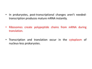 • In prokaryotes, post-transcriptional changes aren’t needed-
transcription produces mature mRNA instantly.
• Ribosomes create polypeptide chains from mRNA during
translation.
• Transcription and translation occur in the cytoplasm of
nucleus-less prokaryotes.
 