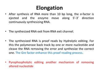 Elongation
• After synthesis of RNA more than 10 bp long, the σ-factor is
ejected and the enzyme move along 5’-3’ direction
continuously synthesizing RNA.
• The synthesized RNA exit from RNA exit channel.
• The synthesized RNA is proof reads by Hydrolytic editing. For
this the polymerase back track by one or more nucleotide and
cleave the RNA removing the error and synthesize the correct
one. The Gre factor enhance this proof reading process.
• Pyrophospholytic editing another mechanism of removing
altered nucleotide
 