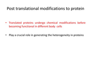 Post translational modifications to protein
• Translated proteins undergo chemical modifications before
becoming functional in different body cells
• Play a crucial role in generating the heterogeneity in proteins
 
