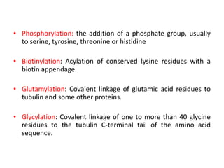 • Phosphorylation: the addition of a phosphate group, usually
to serine, tyrosine, threonine or histidine
• Biotinylation: Acylation of conserved lysine residues with a
biotin appendage.
• Glutamylation: Covalent linkage of glutamic acid residues to
tubulin and some other proteins.
• Glycylation: Covalent linkage of one to more than 40 glycine
residues to the tubulin C-terminal tail of the amino acid
sequence.
 