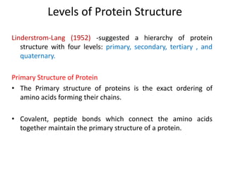 Levels of Protein Structure
Linderstrom-Lang (1952) -suggested a hierarchy of protein
structure with four levels: primary, secondary, tertiary , and
quaternary.
Primary Structure of Protein
• The Primary structure of proteins is the exact ordering of
amino acids forming their chains.
• Covalent, peptide bonds which connect the amino acids
together maintain the primary structure of a protein.
 