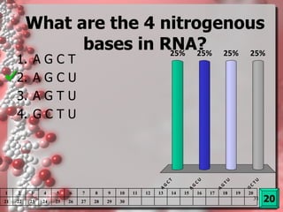 What are the 4 nitrogenous bases in RNA? A G C T A G C U A G T U G C T U 20 1 2 3 4 5 6 7 8 9 10 11 12 13 14 15 16 17 18 19 20 21 22 23 24 25 26 27 28 29 30 