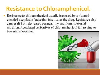 Resistance to Chloramphenicol.
 Resistance to chloramphenicol usually is caused by a plasmid-
encoded acetyltransferase that inactivates the drug. Resistance also
can result from decreased permeability and from ribosomal
mutation. Acetylated derivatives of chloramphenicol fail to bind to
bacterial ribosomes.
 