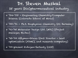 Dr. Steven Muskal
25 years (bio)pharmaceutical industry
’84-‘88 - Engineering Chemistry/Computer
Science (Colorado School of Mines)
’88-’91 - Ph.D. Biophysical Chemistry (UC Berkeley)
’91-‘95 Molecular Design Ltd. (MDL) (Project
manager, BizDev)
’95-’00 Affymax-Glaxo (Unit Director - lead
optimization (ADME), and research computing)
’00-present Eidogen-Sertanty (CEO)
 