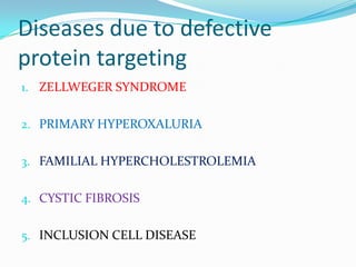 Diseases due to defective
protein targeting
1. ZELLWEGER SYNDROME
2. PRIMARY HYPEROXALURIA
3. FAMILIAL HYPERCHOLESTROLEMIA
4. CYSTIC FIBROSIS
5. INCLUSION CELL DISEASE
 