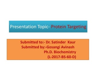 Presentation Topic- Protein Targeting
Submitted to:- Dr. Satinder Kaur
Submitted by:-Gosangi Avinash
Ph.D. Biochemistry
(L-2017-BS-60-D)
 