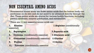 10
NON ESSENTAIL AMINO ACIDS
 Nonessential amino acids are those amino acids that the human body can
synthesize on its own and do not need to be obtained directly through the
diet.These amino acids are crucial for various bodily functions, including
protein synthesis, enzyme production, and metabolism.
 There are 11 non essential amino acids are:
1. Alanine 2.Arginine (conditionally
essential)
3. Asparagine 4.Aspartic acid
5. Cysteine (conditionally essential) 6.Glutamic acid
7. Glutamine (conditionally essential) 8.Glycine
9. Proline 10.Serine
11. Tyrosine (conditionally essential
 
