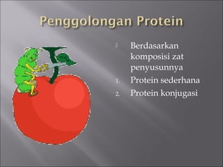  Berdasarkan
komposisi zat
penyusunnya
1. Protein sederhana
2. Protein konjugasi
 