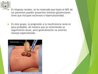  En biopsias renales, se ha mostrado que hasta el 60% de 
los pacientes pueden presentan lesiones glomerulares 
leves que incluyen esclerosis e hipercelularidad. 
 En este grupo, la progresión a la insuficiencia renal es 
poco probable, de manera que se recomienda un 
seguimiento anual, pero generalmente no amerita 
manejo especializado. 
 