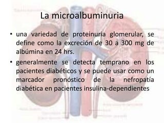 La microalbuminuria 
• una variedad de proteinuria glomerular, se 
define como la excreción de 30 a 300 mg de 
albúmina en 24 hrs. 
• generalmente se detecta temprano en los 
pacientes diabéticos y se puede usar como un 
marcador pronóstico de la nefropatía 
diabética en pacientes insulina-dependientes 
 