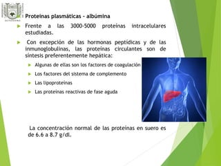  Proteínas plasmáticas – albúmina 
 Frente a las 3000-5000 proteínas intracelulares 
estudiadas. 
 Con excepción de las hormonas peptídicas y de las 
inmunoglobulinas, las proteínas circulantes son de 
síntesis preferentemente hepática: 
 Algunas de ellas son los factores de coagulación 
 Los factores del sistema de complemento 
 Las lipoproteínas 
 Las proteínas reactivas de fase aguda 
La concentración normal de las proteínas en suero es 
de 6.6 a 8.7 g/dl. 
 