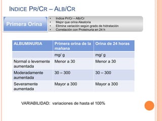 INDICE PR/CR – ALB/CR
• Indice Pr/Cr – Alb/Cr
• Mejor que orina Aleatoria
• Elimina variación según grado de hidratación
• Correlación con Proteinuria en 24 h
Primera Orina
ALBUMINURIA Primera orina de la
mañana
Orina de 24 horas
mg/ g mg/ g
Normal o levemente
aumentada
Menor a 30 Menor a 30
Moderadamente
aumentada
30 – 300 30 – 300
Severamente
aumentada
Mayor a 300 Mayor a 300
VARIABILIDAD: variaciones de hasta el 100%
 