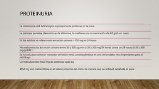 PROTEINURIA
La proteinuria está definida por la presencia de proteínas en la orina.
La principal proteína plasmática es la albúmina, la cualtiene una concentración de 4.0 g/dL en suero
En los adultos se refiere a una excreción urinaria >150 mg en 24 horas
Microalbuminuria: excreción urinaria entre 30 y 300 ug/min ó 30 a 300 mg/24 horas (orina de 24 horas) ó 30 y 300
mg/g (RAC)
Se ha utilizado como un marcador de lesión renal, constituyéndose en uno de los datos más importantes para el
nefrólogo.
Un individuo filtra 5000 mg de proteínas cada día
4950 mg son reabsorbidos en el túbulo proximal del riñón, de manera que la cantidad excretada es poca.
 