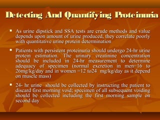 Detecting And Quantifying Proteinuria
    As urine dipstick and SSA tests are crude methods and value
     depends upon amount of urine produced, they correlate poorly
     with quantitative urine protein determination
    Patients with persistent proteinuria should undergo 24-hr urine
     protein estimation. The urinary creatinine concentration
     should be included in 24-hr measurement to determine
     adequacy of specimen (normal excretion in men=16 to
     26mg/kg/day and in women =12 to24 mg/kg/day as it depend
     on muscle mass)
    24- hr urine should be collected by instructing the patient to
     discard first morning void; specimen of all subsequent voiding
     should be collected including the first morning sample on
     second day
 