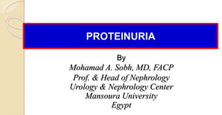 PROTEINURIA
By
Mohamad A. Sobh, MD, FACP
Prof. & Head of Nephrology
Urology & Nephrology Center
Mansoura University
Egypt
 